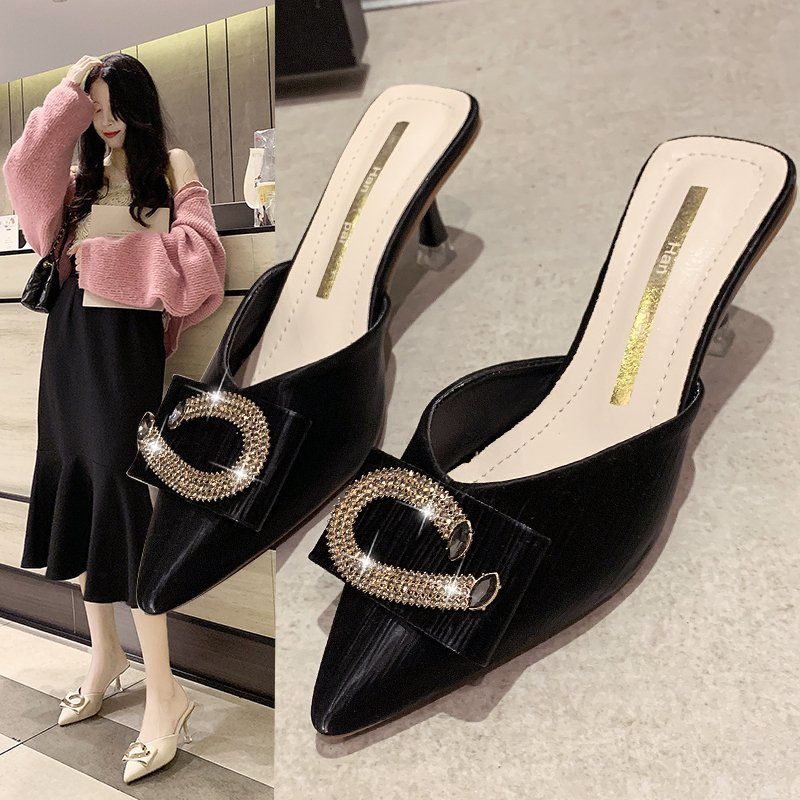 Slippers female external wear summer models high-heeled shoes pointed lady fine heeled sandals slippers rhinestone women's shoes