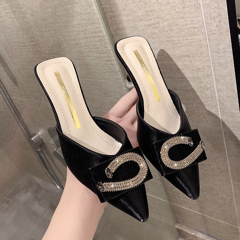 Slippers female external wear summer models high-heeled shoes pointed lady fine heeled sandals slippers rhinestone women's shoes