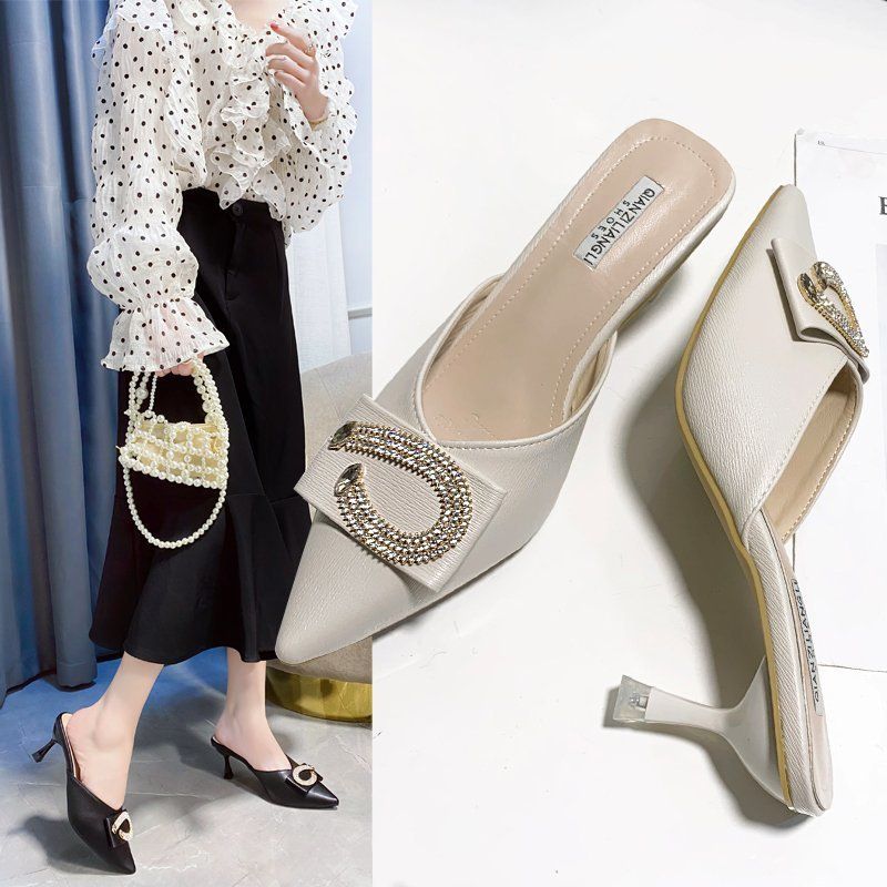 Slippers female external wear summer models high-heeled shoes pointed lady fine heeled sandals slippers rhinestone women's shoes
