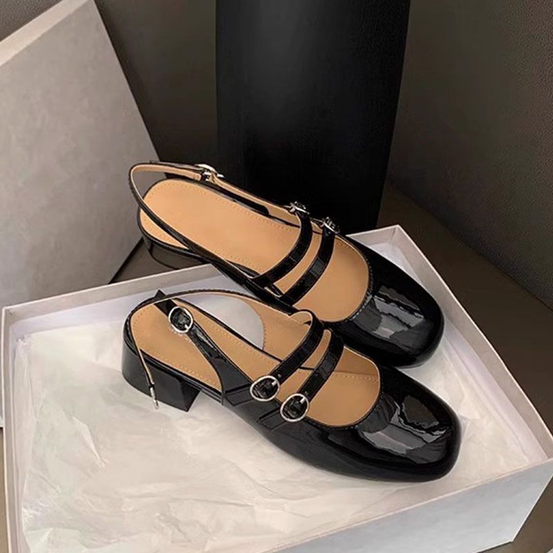 French Baotou middle heel sandals women summer square head thick heel back hollow double buckle Mary Jane sandals