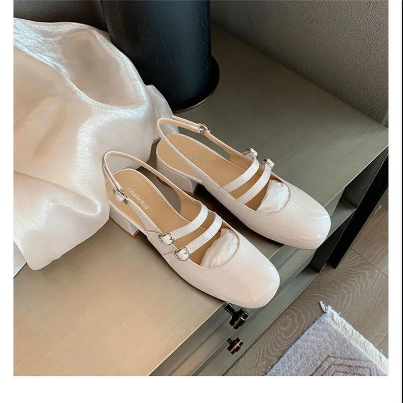 French Baotou middle heel sandals women summer square head thick heel back hollow double buckle Mary Jane sandals