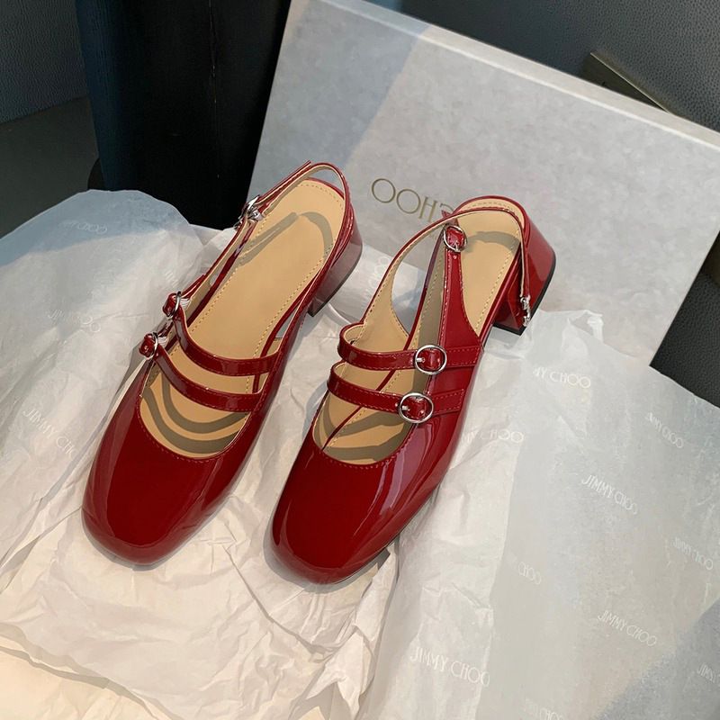 French Baotou middle heel sandals women summer square head thick heel back hollow double buckle Mary Jane sandals