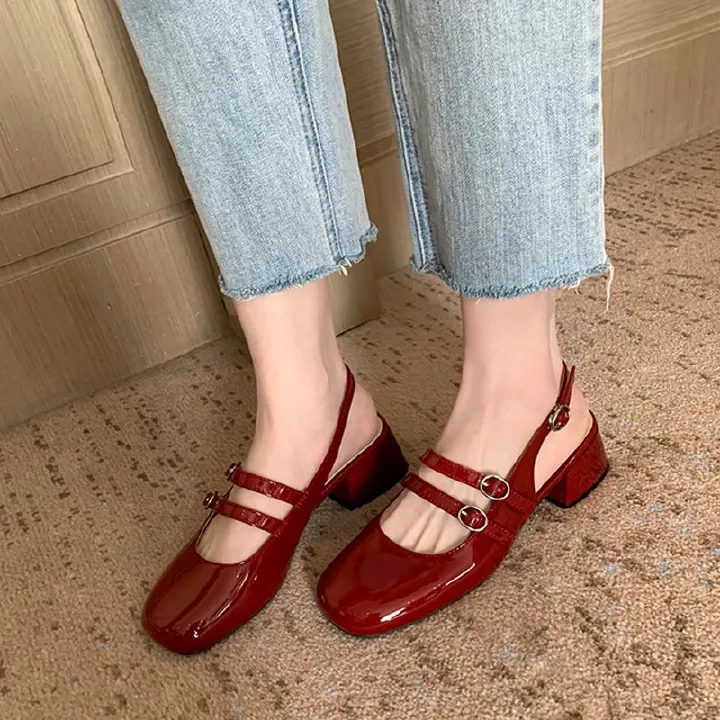 French Baotou middle heel sandals women summer square head thick heel back hollow double buckle Mary Jane sandals
