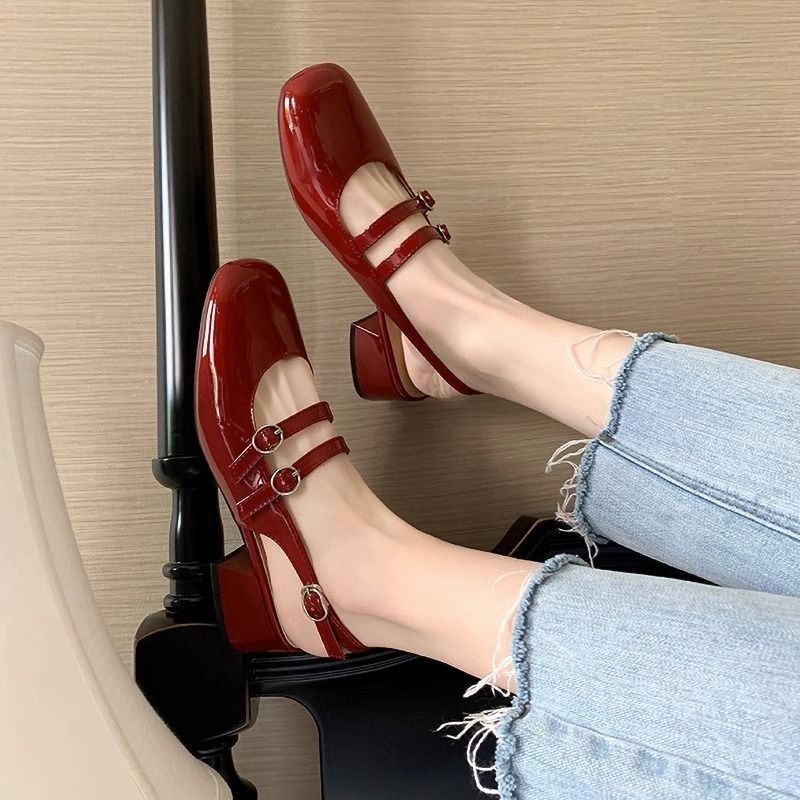 French Baotou middle heel sandals women summer square head thick heel back hollow double buckle Mary Jane sandals