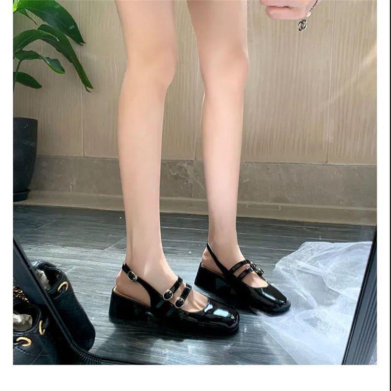 French Baotou middle heel sandals women summer square head thick heel back hollow double buckle Mary Jane sandals