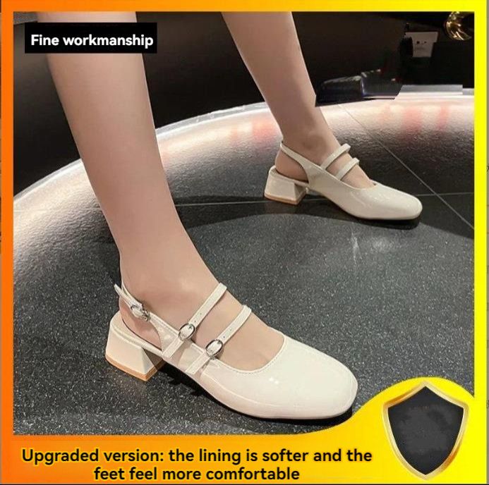 French Baotou middle heel sandals women summer square head thick heel back hollow double buckle Mary Jane sandals