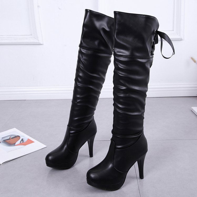 Women's pu boots fall and winter new fine heel round head 9.5cm high heel knee boots female Martin boots