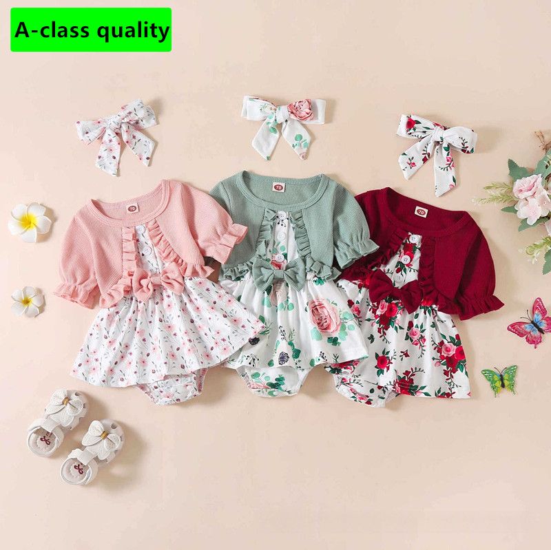 Spring and summer new baby jumpsuit girls knitted short-sleeved splicing printed skirt one-piece triangle crawl suit(Send Hairband)