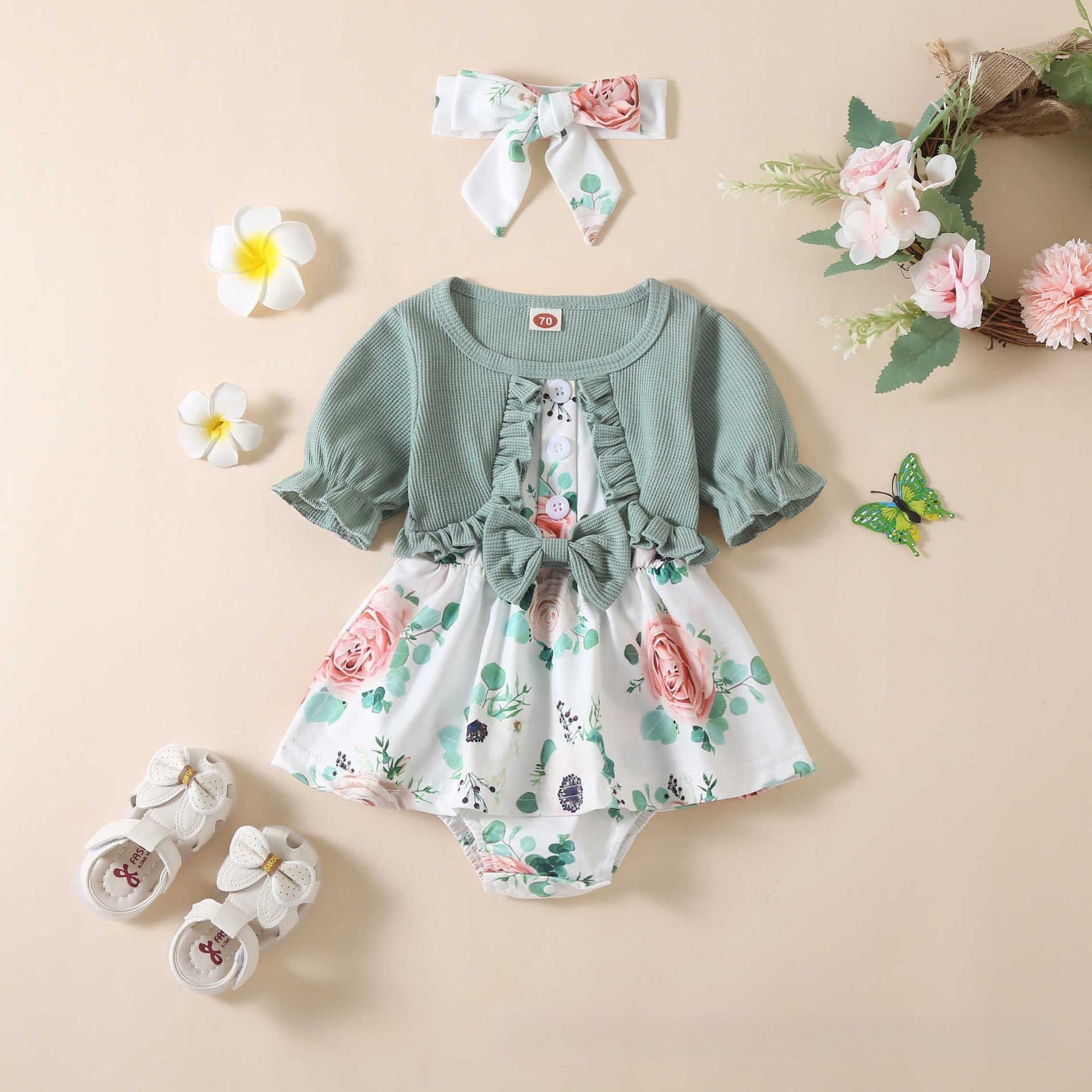 Spring and summer new baby jumpsuit girls knitted short-sleeved splicing printed skirt one-piece triangle crawl suit(Send Hairband)