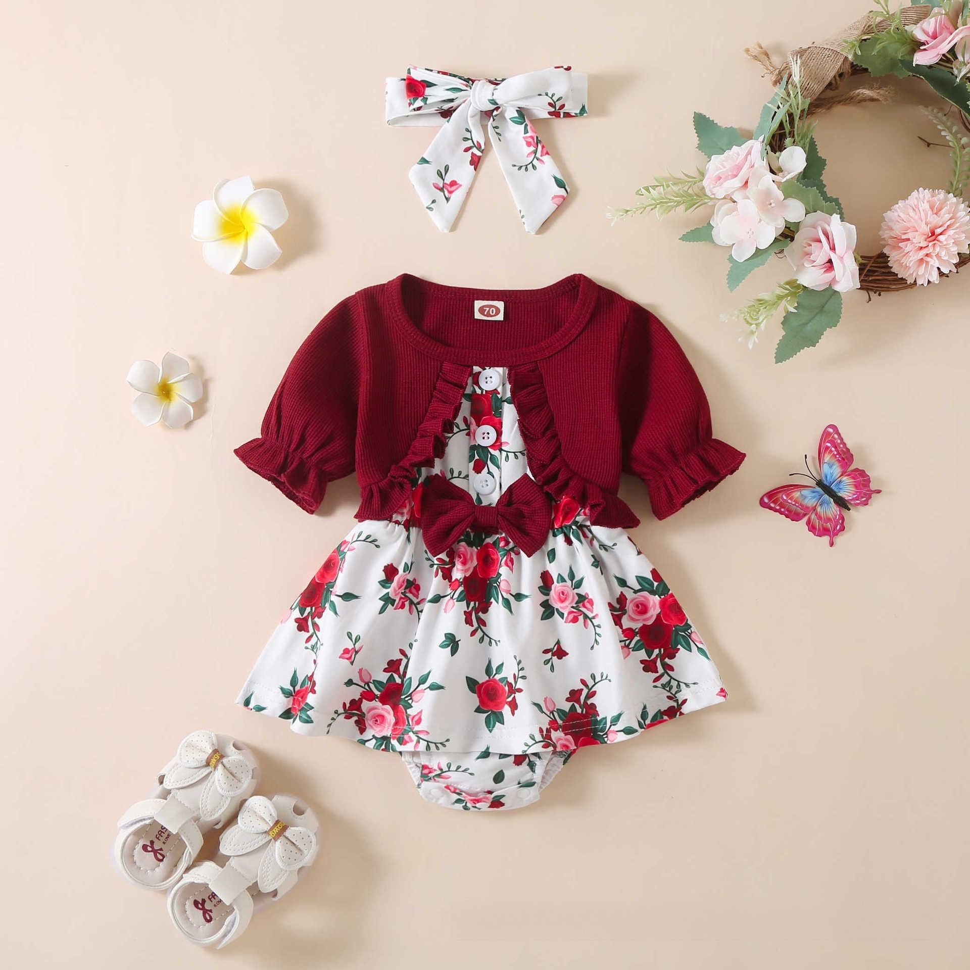 Spring and summer new baby jumpsuit girls knitted short-sleeved splicing printed skirt one-piece triangle crawl suit(Send Hairband)