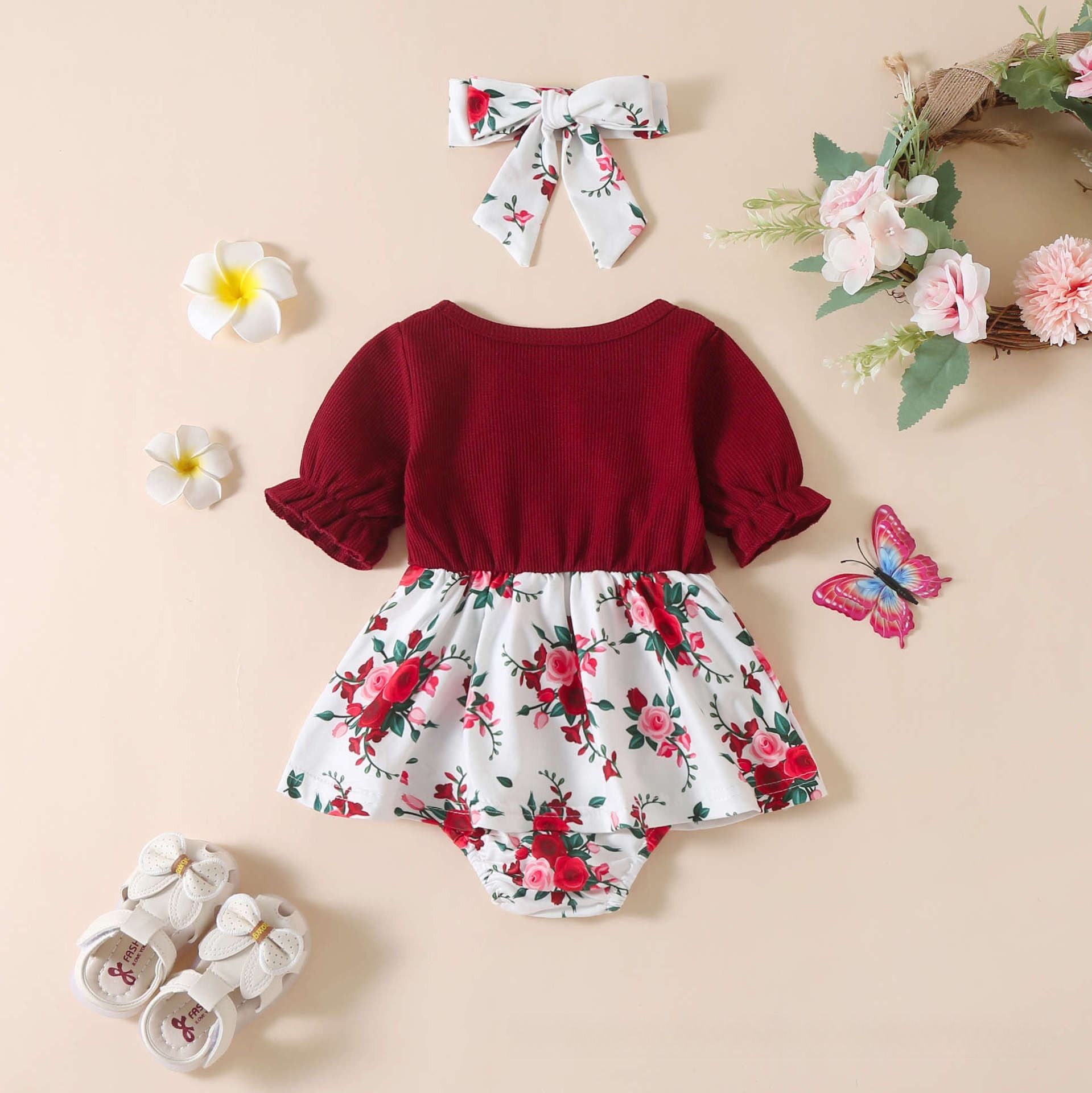 Spring and summer new baby jumpsuit girls knitted short-sleeved splicing printed skirt one-piece triangle crawl suit(Send Hairband)