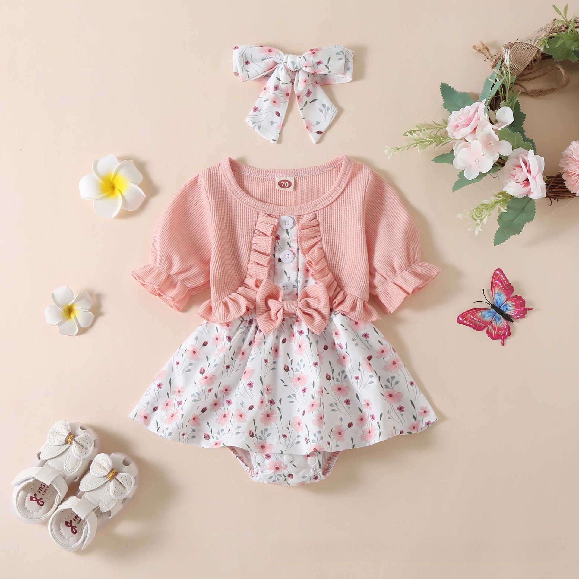 Spring and summer new baby jumpsuit girls knitted short-sleeved splicing printed skirt one-piece triangle crawl suit(Send Hairband)