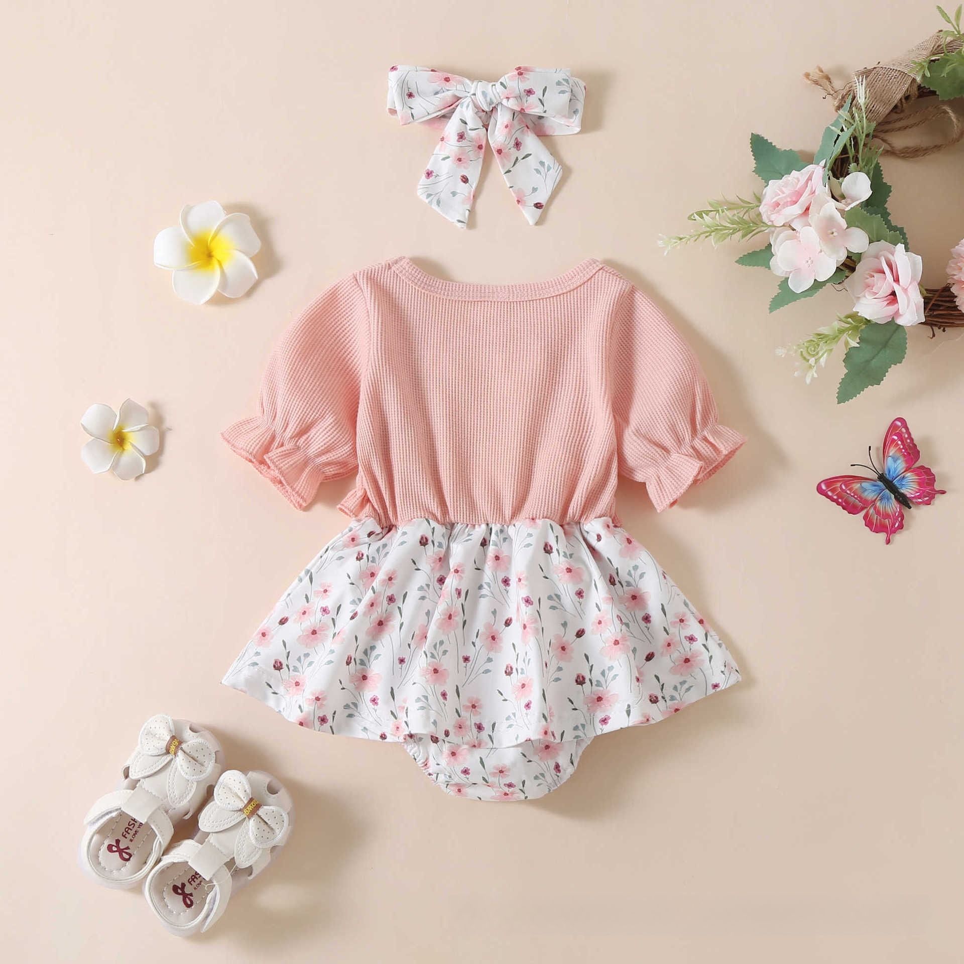 Spring and summer new baby jumpsuit girls knitted short-sleeved splicing printed skirt one-piece triangle crawl suit(Send Hairband)