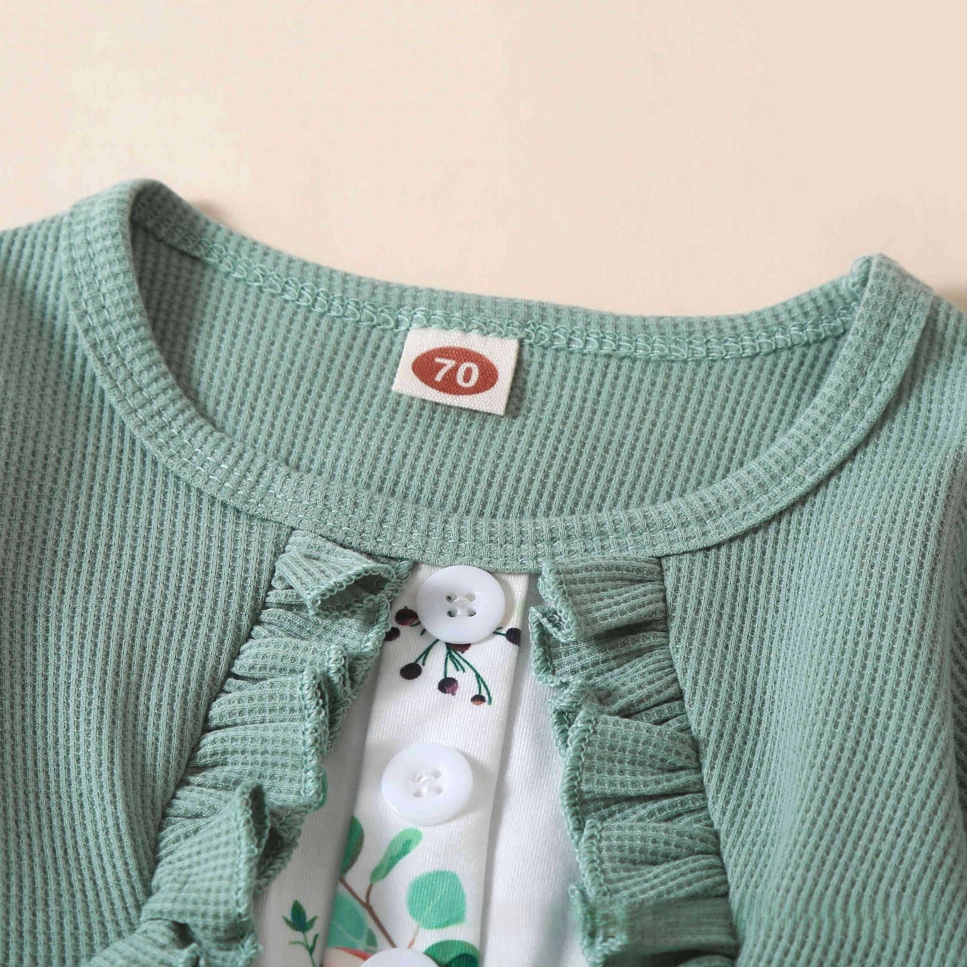 Spring and summer new baby jumpsuit girls knitted short-sleeved splicing printed skirt one-piece triangle crawl suit(Send Hairband)