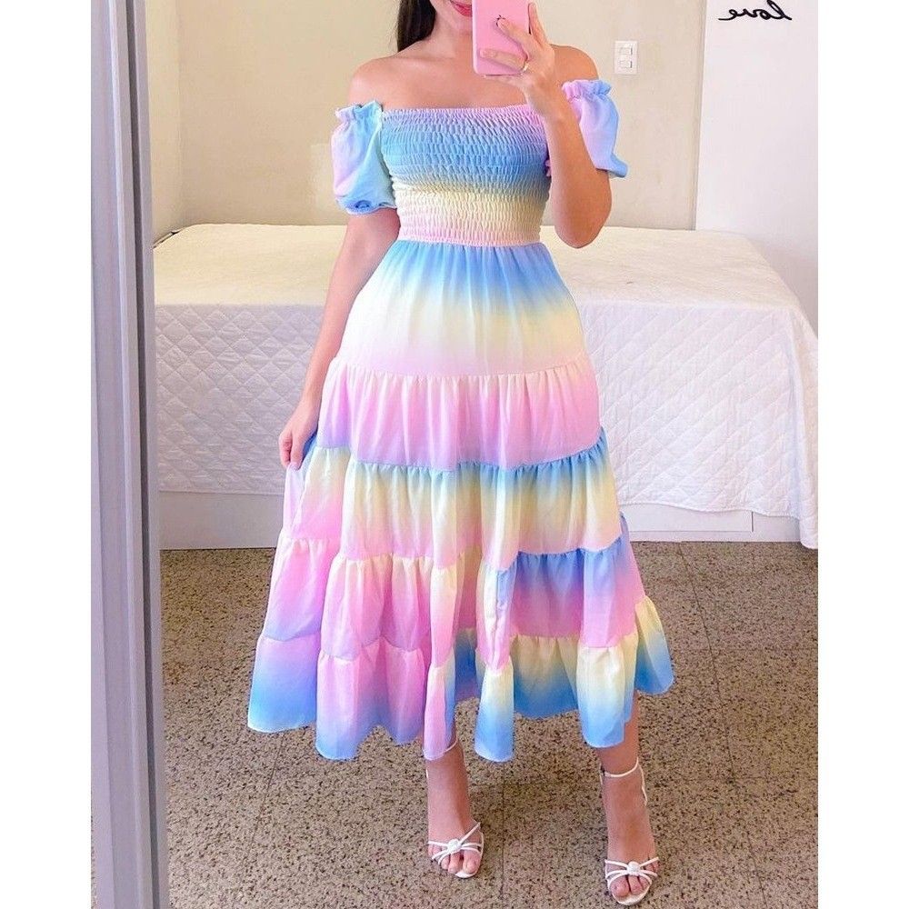2025 summer new Europe and the United States and the United States women's dresses French fresh print fashion one-shoulder mid-length dresses