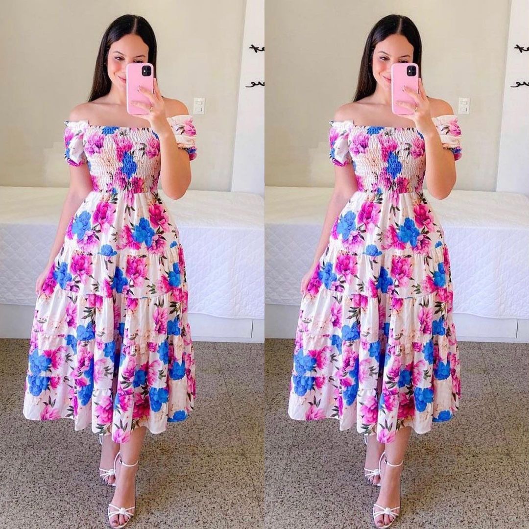 2025 summer new Europe and the United States and the United States women's dresses French fresh print fashion one-shoulder mid-length dresses