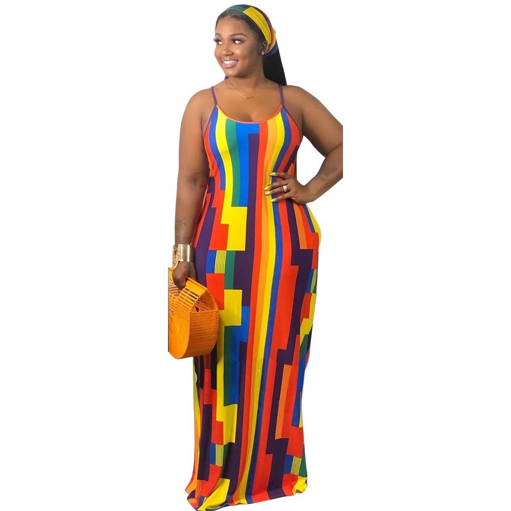 Europe and the United States large size women's dress Tie-dye multi-color printing flowers halter loose long dresses