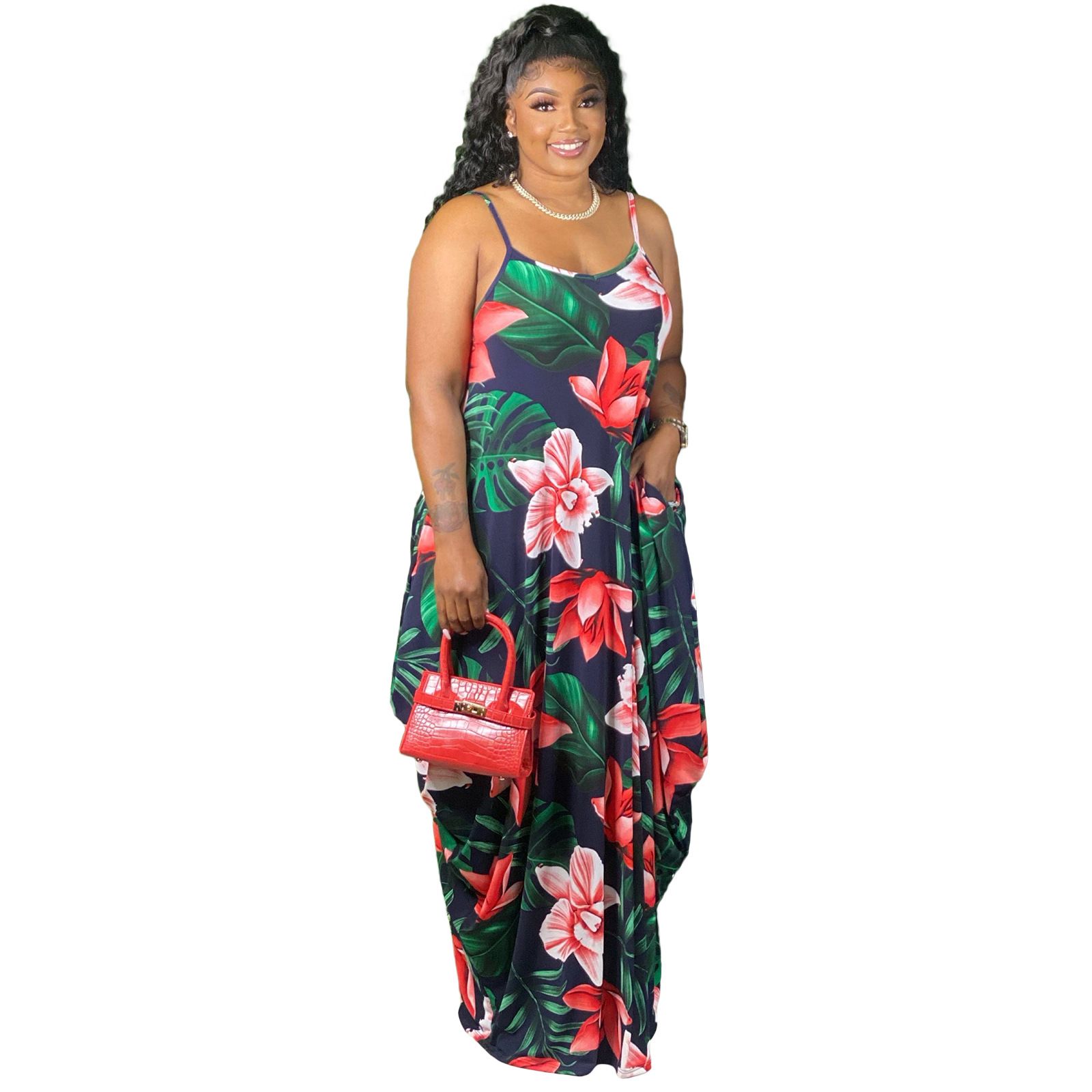 Europe and the United States large size women's dress Tie-dye multi-color printing flowers halter loose long dresses