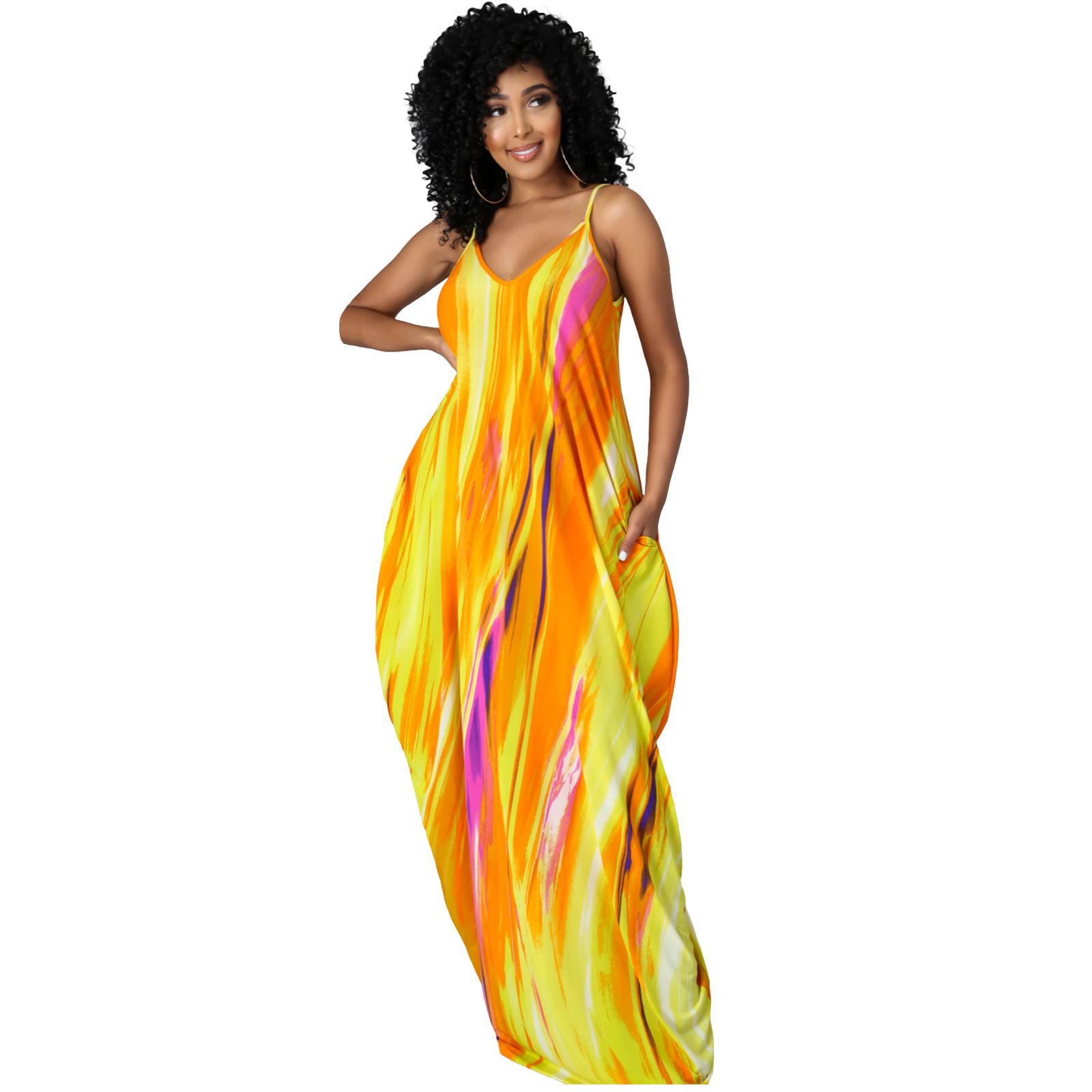 Europe and the United States large size women's dress Tie-dye multi-color printing flowers halter loose long dresses