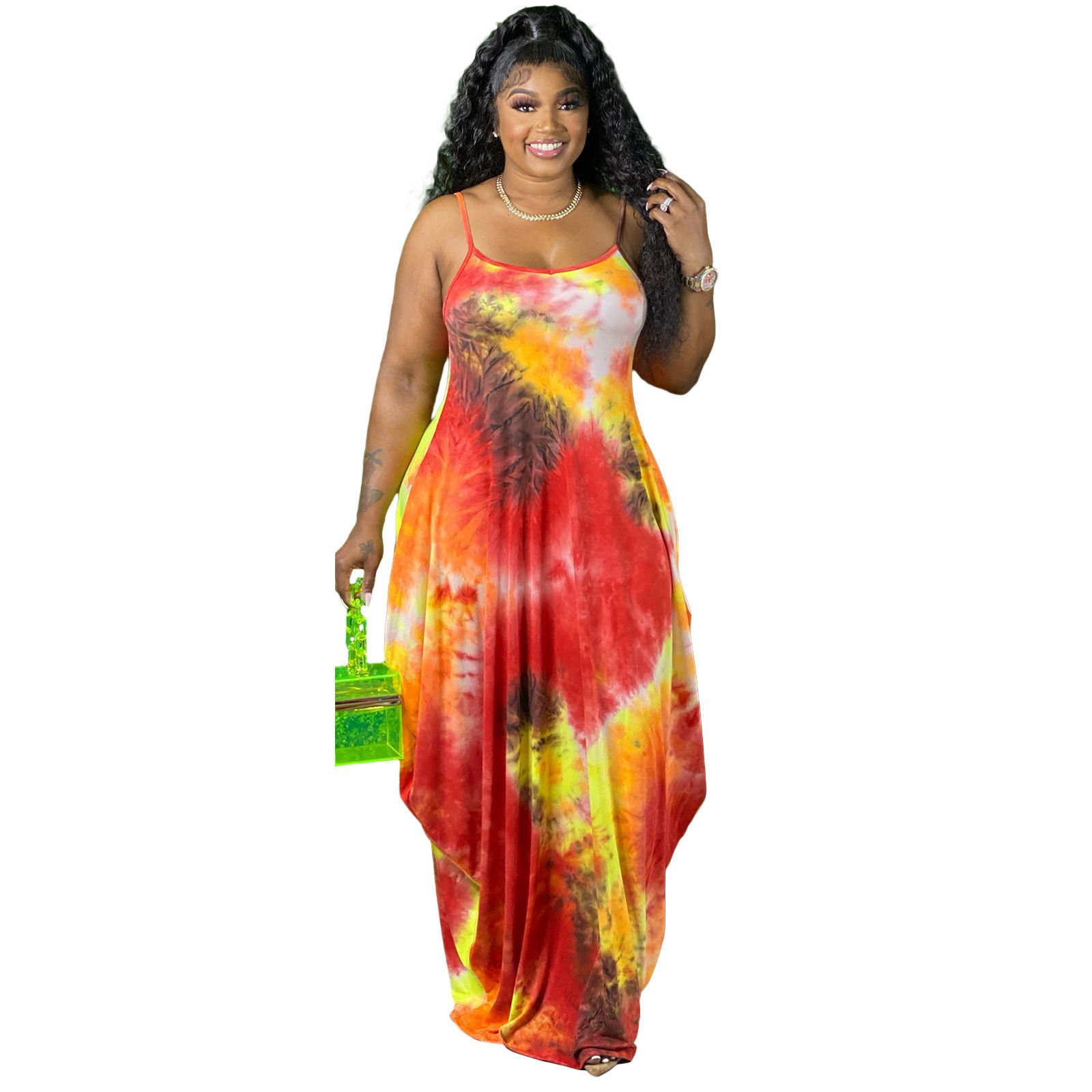 Europe and the United States large size women's dress Tie-dye multi-color printing flowers halter loose long dresses