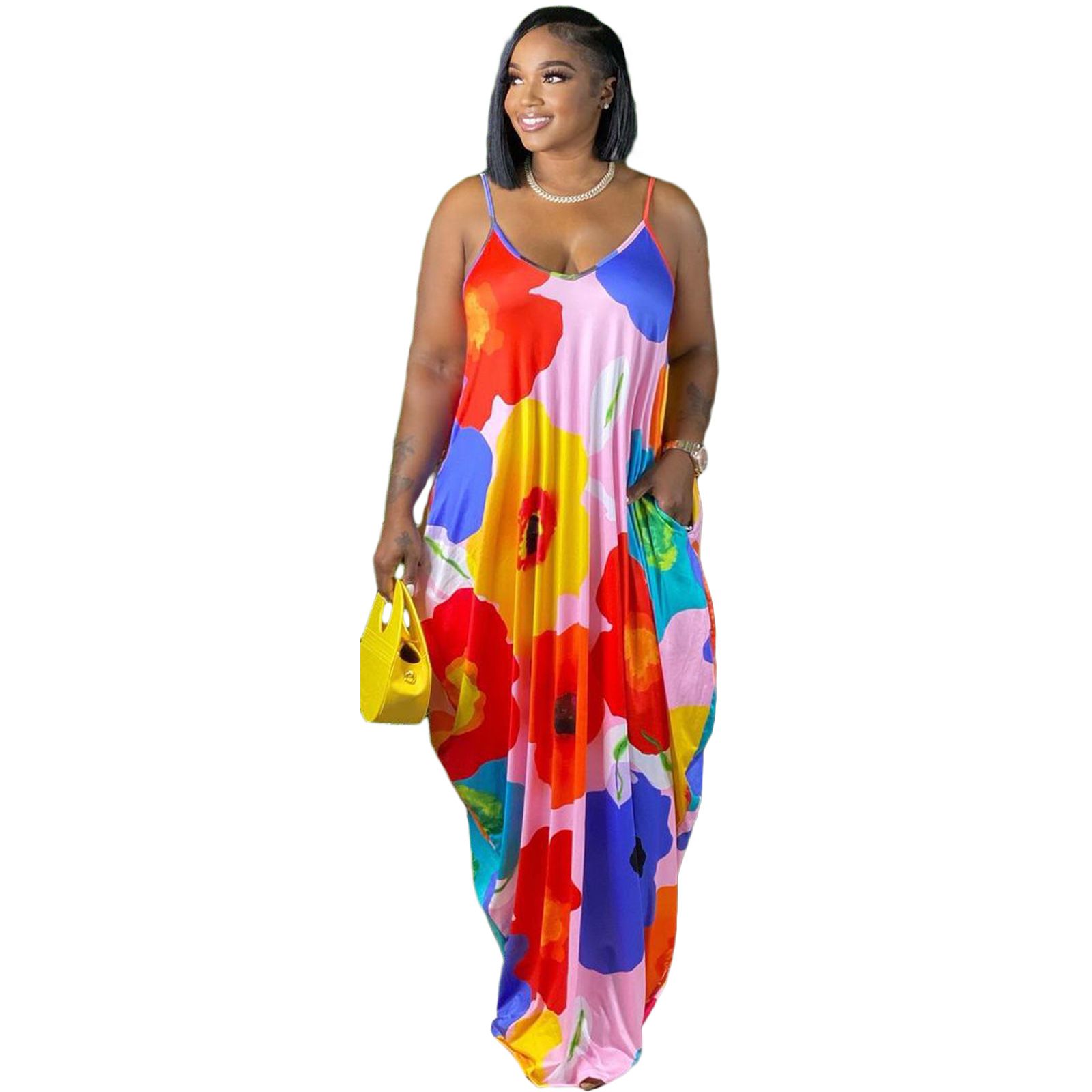 Europe and the United States large size women's dress Tie-dye multi-color printing flowers halter loose long dresses