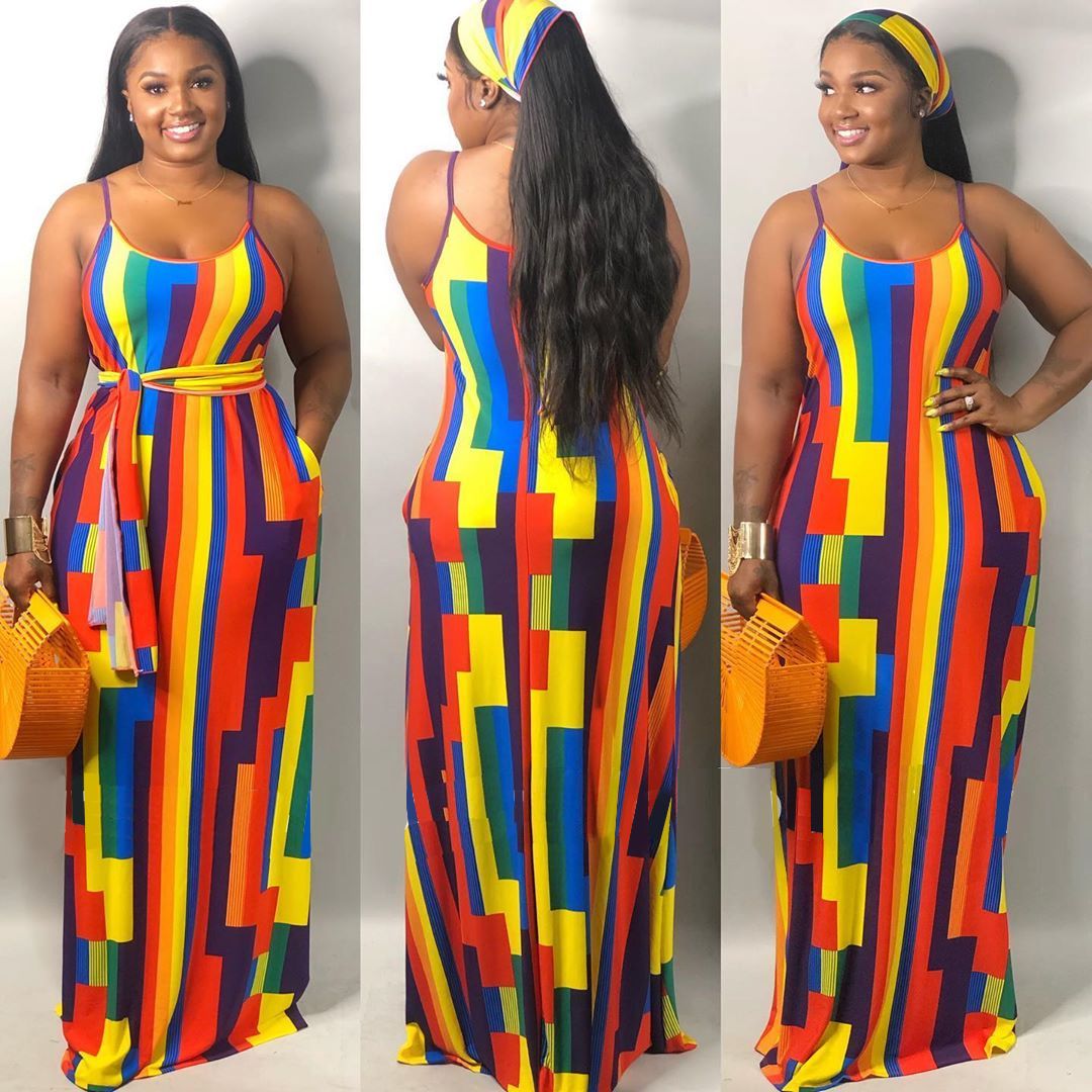 Europe and the United States large size women's dress Tie-dye multi-color printing flowers halter loose long dresses