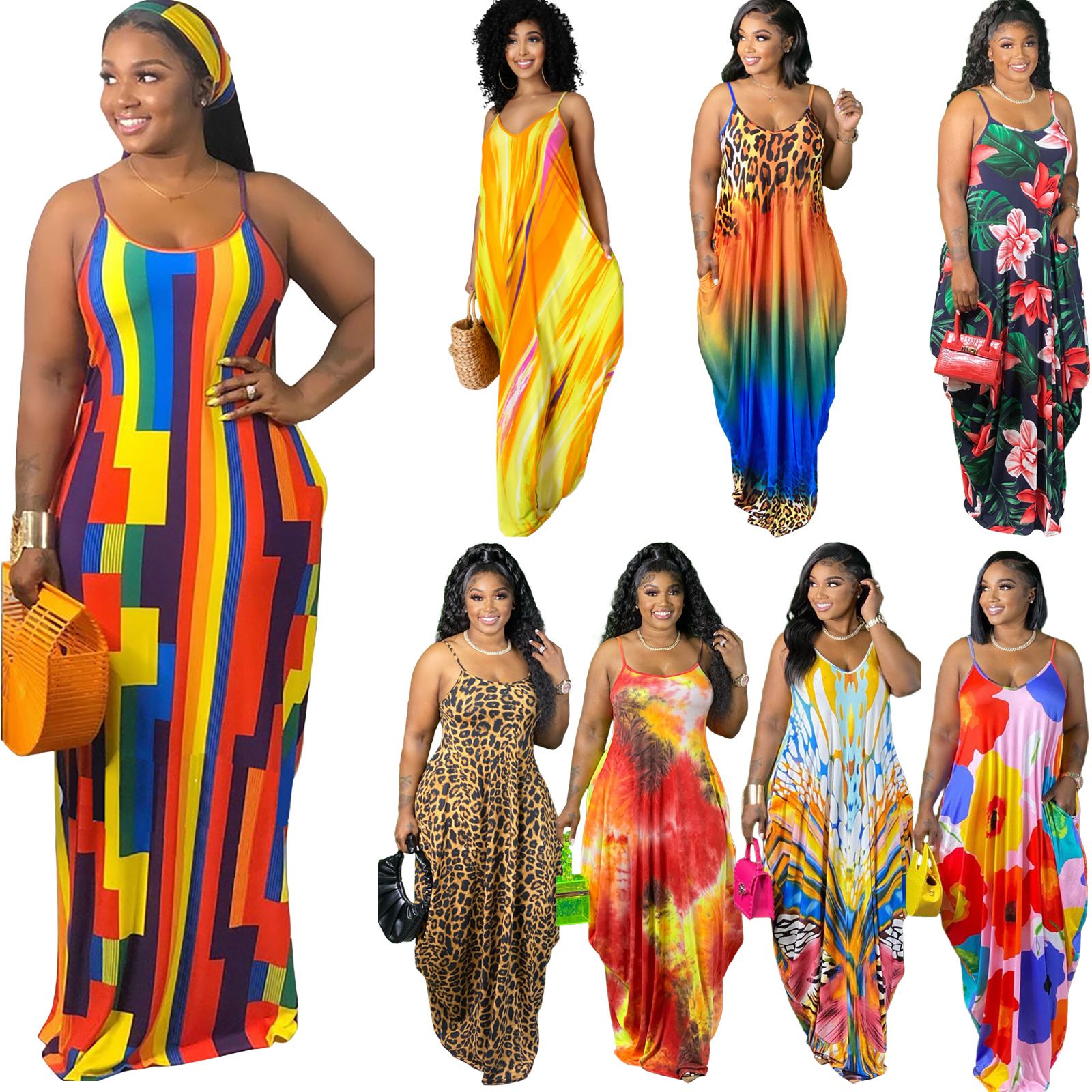 Europe and the United States large size women's dress Tie-dye multi-color printing flowers halter loose long dresses