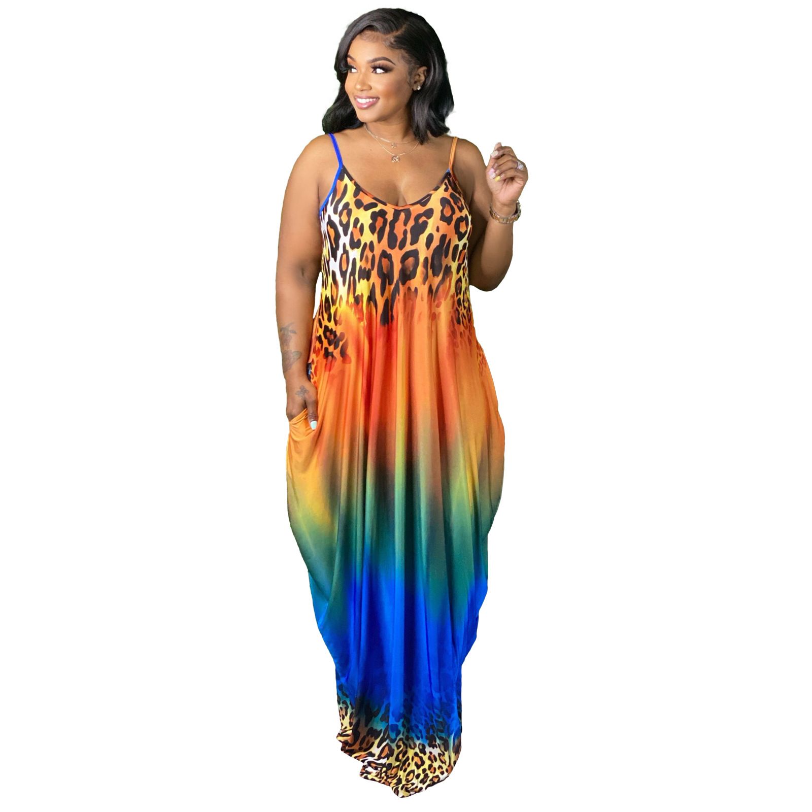 Europe and the United States large size women's dress Tie-dye multi-color printing flowers halter loose long dresses