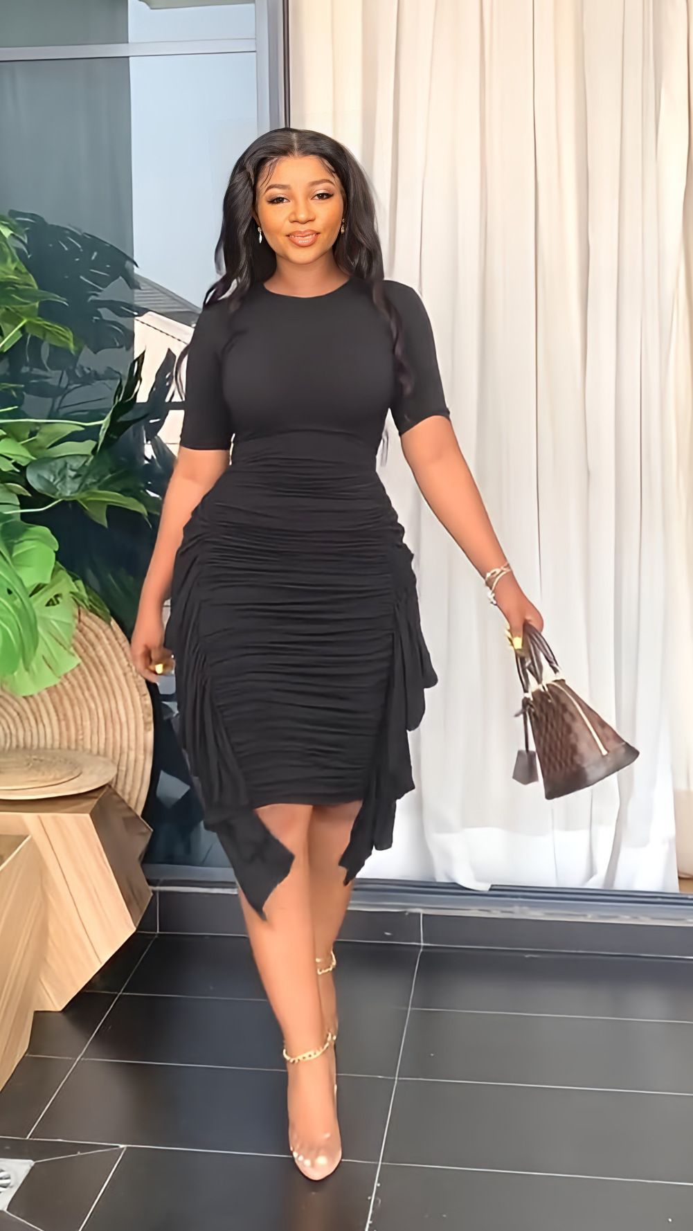 Women's Dress Irregular Ruffle Slim Pleated Dress Round Neck Midi Waist Hip Dresses