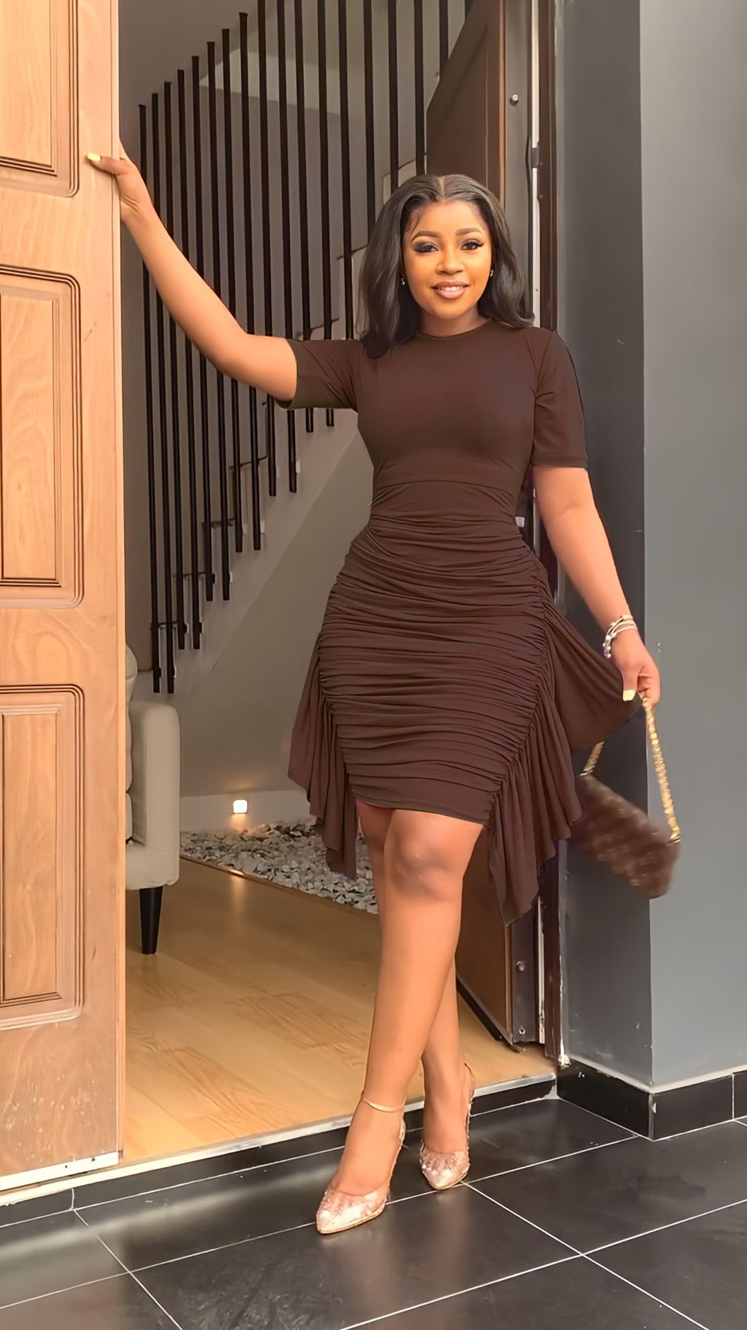 Women's Dress Irregular Ruffle Slim Pleated Dress Round Neck Midi Waist Hip Dresses