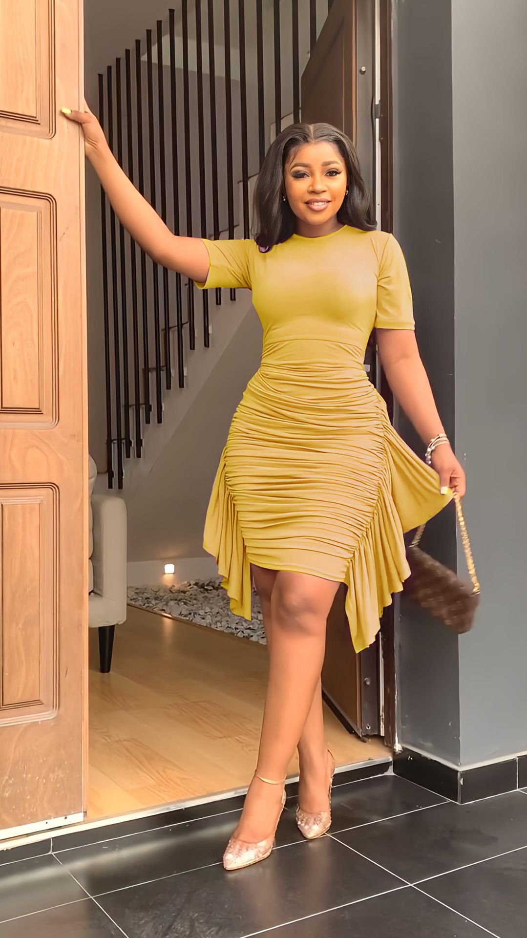 Women's Dress Irregular Ruffle Slim Pleated Dress Round Neck Midi Waist Hip Dresses