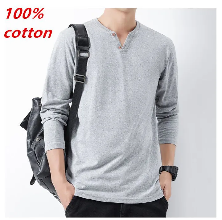 Spring long-sleeved T-shirt buttons V-neck men's large size loose cotton breathable T-shirt