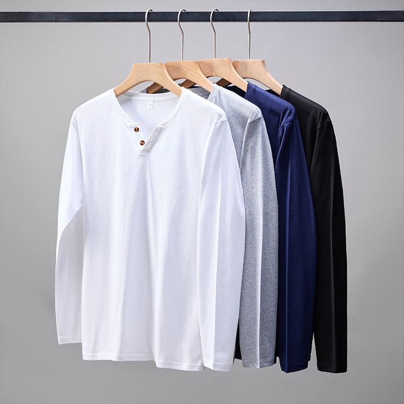 Spring long-sleeved T-shirt buttons V-neck men's large size loose cotton breathable T-shirt
