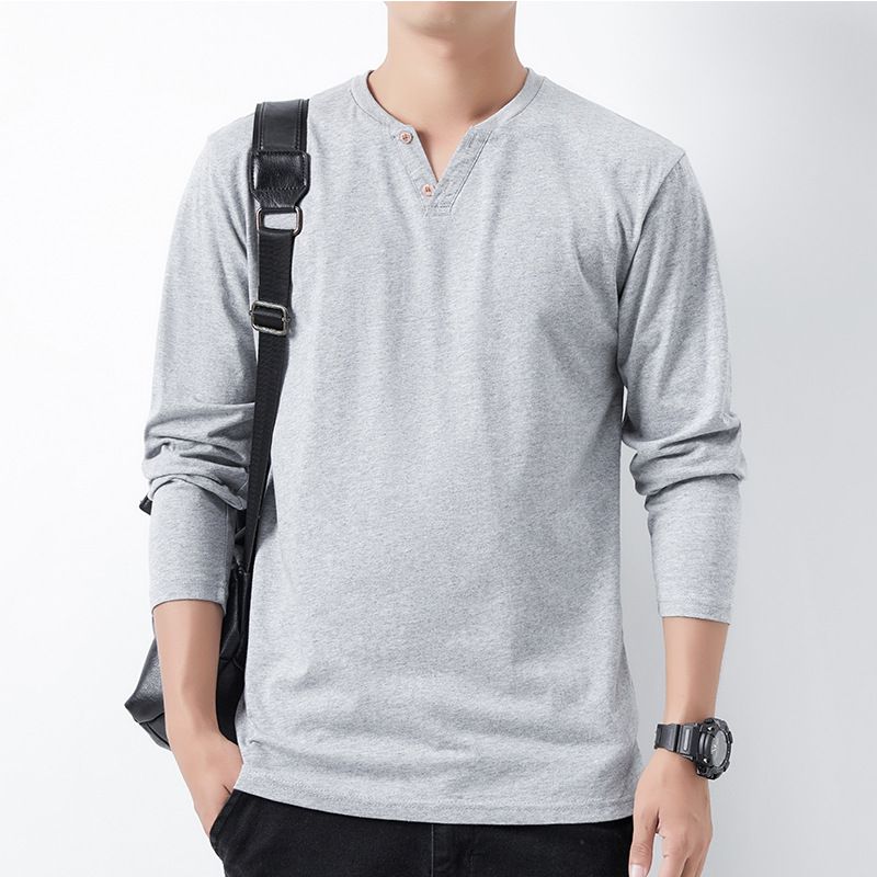 Spring long-sleeved T-shirt buttons V-neck men's large size loose cotton breathable T-shirt