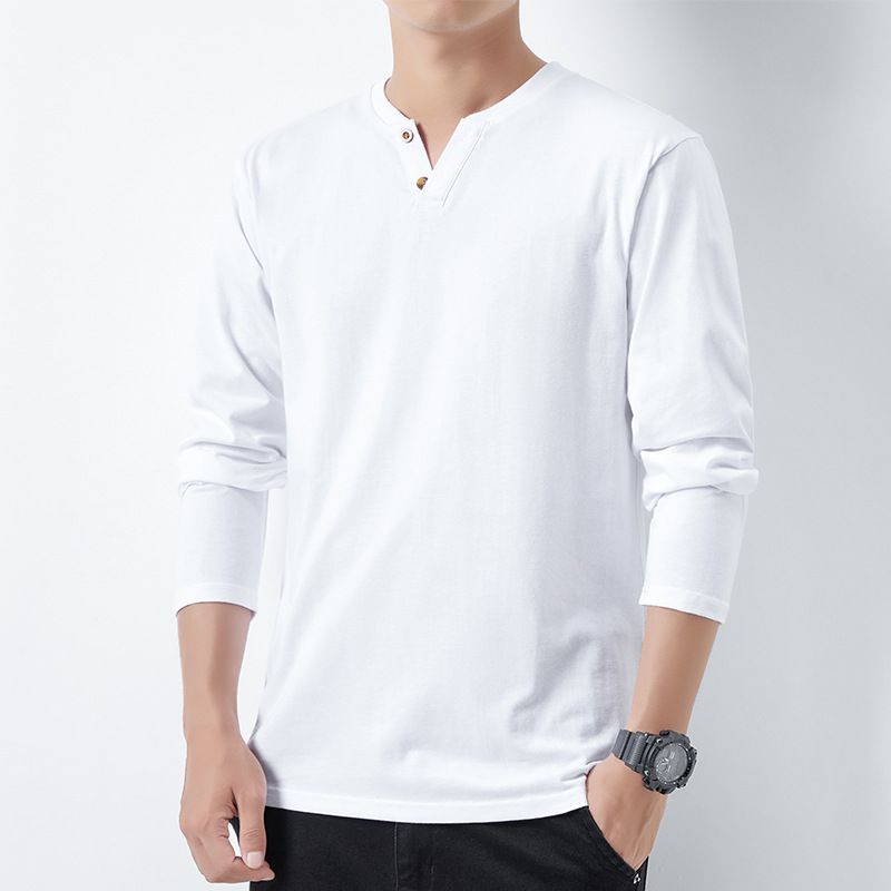 Spring long-sleeved T-shirt buttons V-neck men's large size loose cotton breathable T-shirt