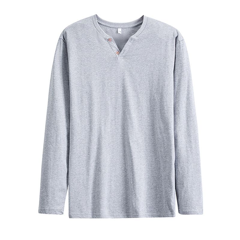 Spring long-sleeved T-shirt buttons V-neck men's large size loose cotton breathable T-shirt