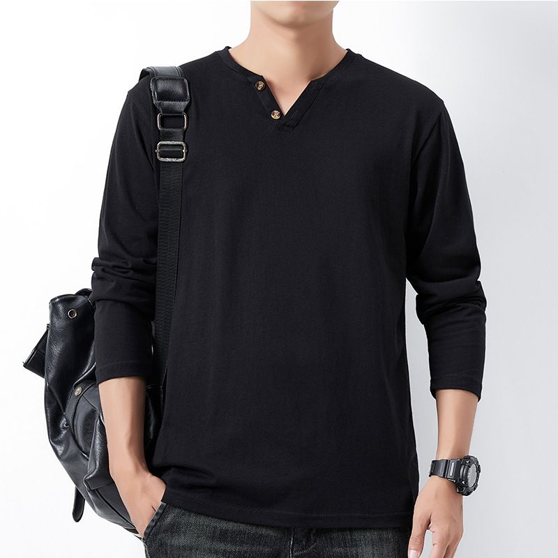 Spring long-sleeved T-shirt buttons V-neck men's large size loose cotton breathable T-shirt