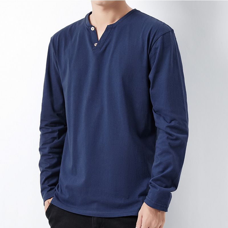 Spring long-sleeved T-shirt buttons V-neck men's large size loose cotton breathable T-shirt