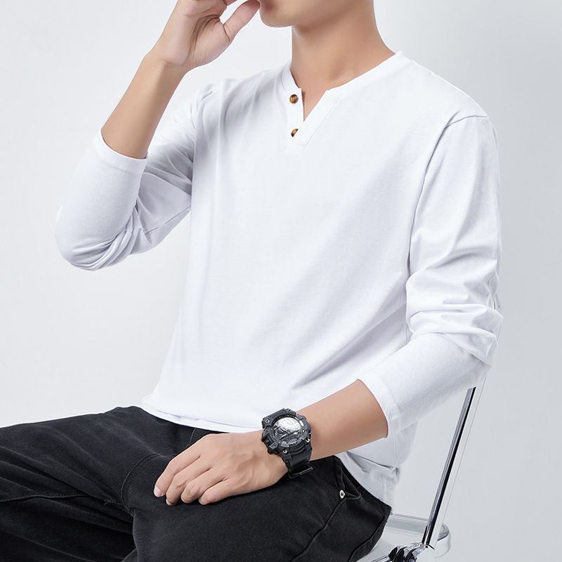 Spring long-sleeved T-shirt buttons V-neck men's large size loose cotton breathable T-shirt