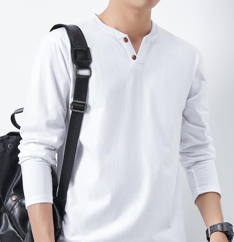 Spring long-sleeved T-shirt buttons V-neck men's large size loose cotton breathable T-shirt