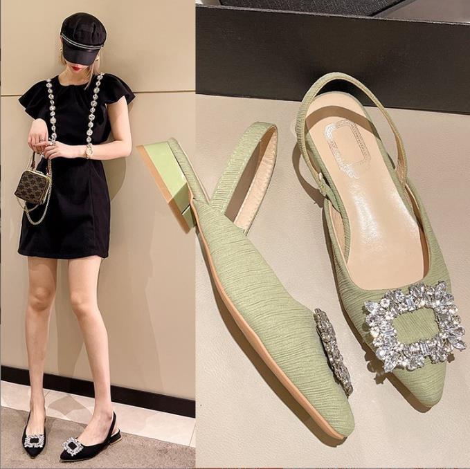 French retro low heel sandals female temperament rhinestone square buckle pointed head thick heel sandals