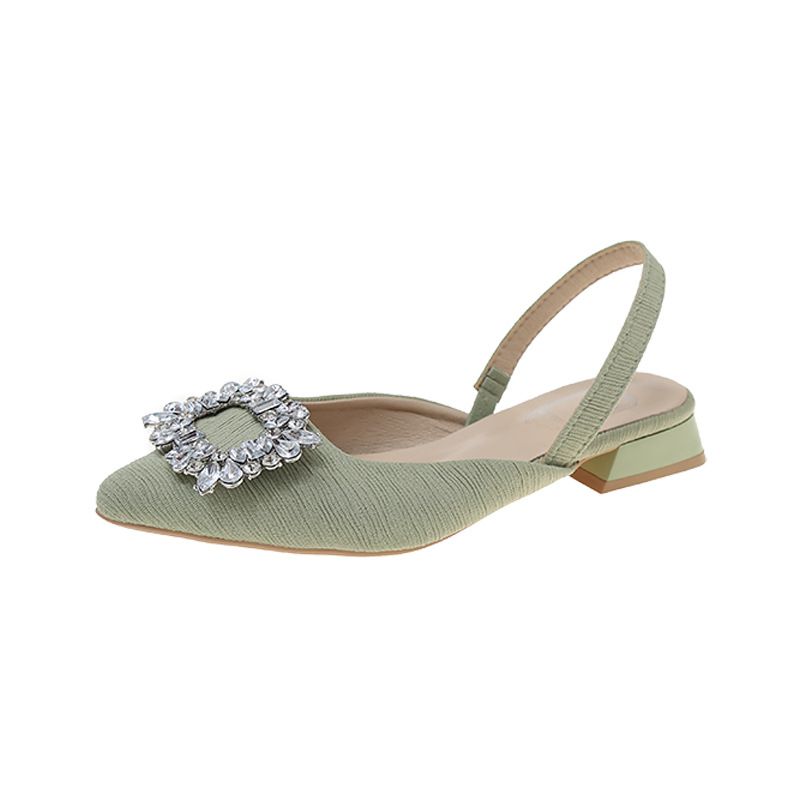 French retro low heel sandals female temperament rhinestone square buckle pointed head thick heel sandals