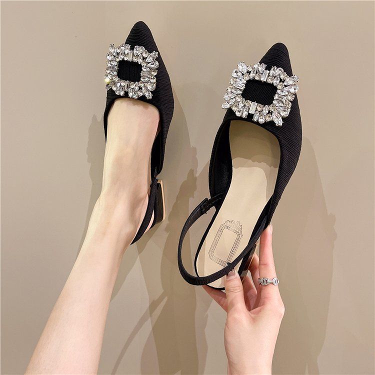 French retro low heel sandals female temperament rhinestone square buckle pointed head thick heel sandals
