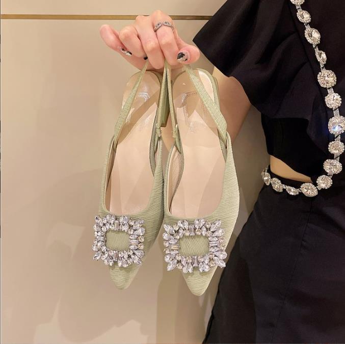 French retro low heel sandals female temperament rhinestone square buckle pointed head thick heel sandals