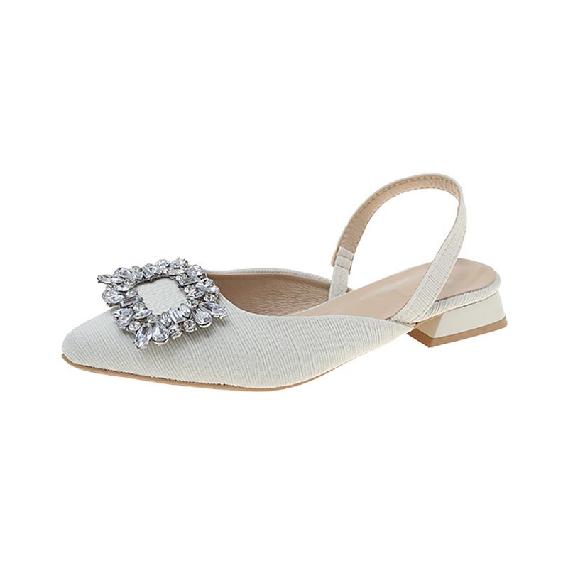 French retro low heel sandals female temperament rhinestone square buckle pointed head thick heel sandals