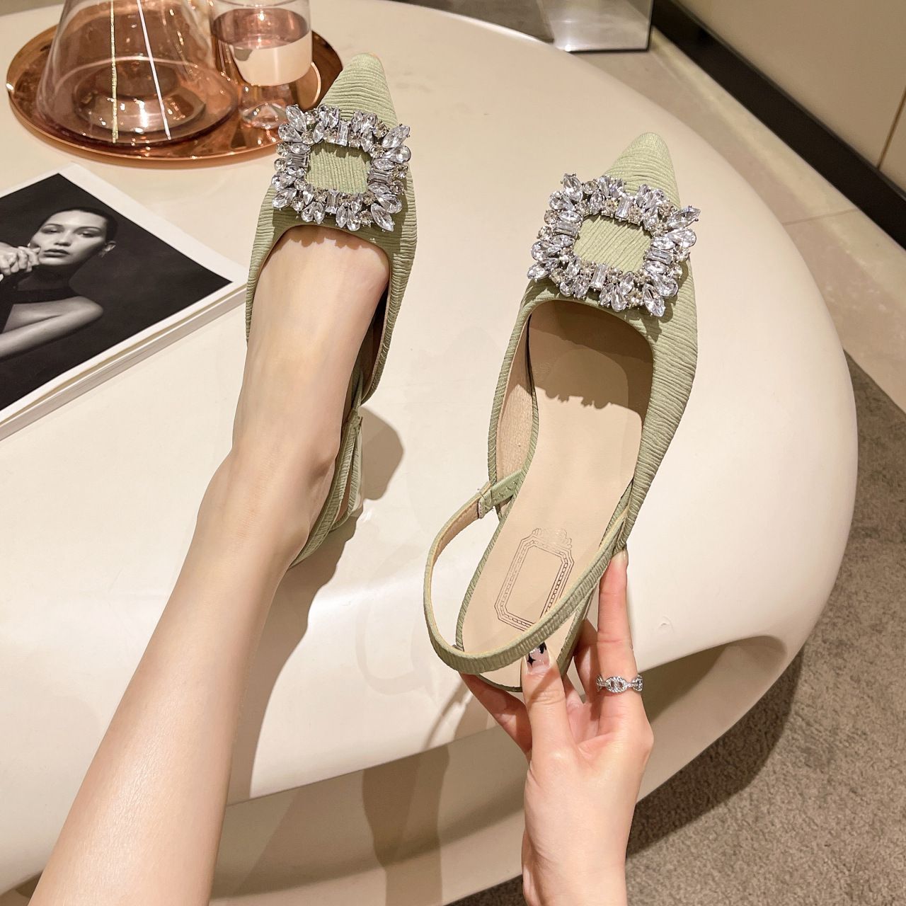 French retro low heel sandals female temperament rhinestone square buckle pointed head thick heel sandals