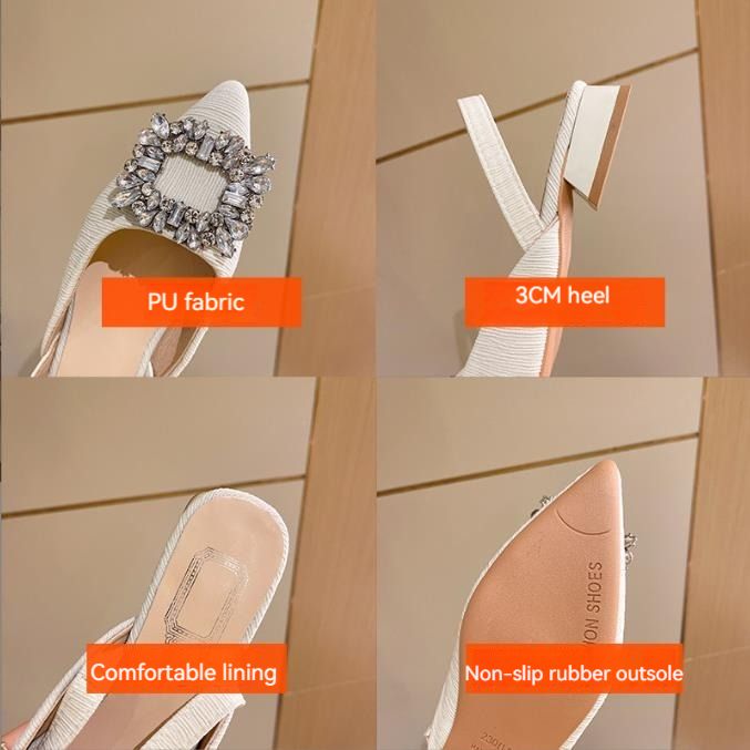 French retro low heel sandals female temperament rhinestone square buckle pointed head thick heel sandals