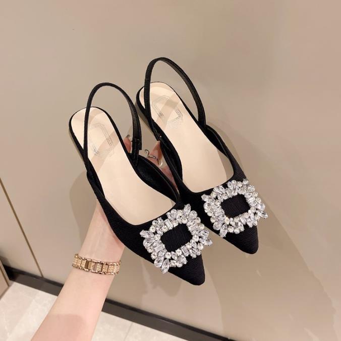 French retro low heel sandals female temperament rhinestone square buckle pointed head thick heel sandals