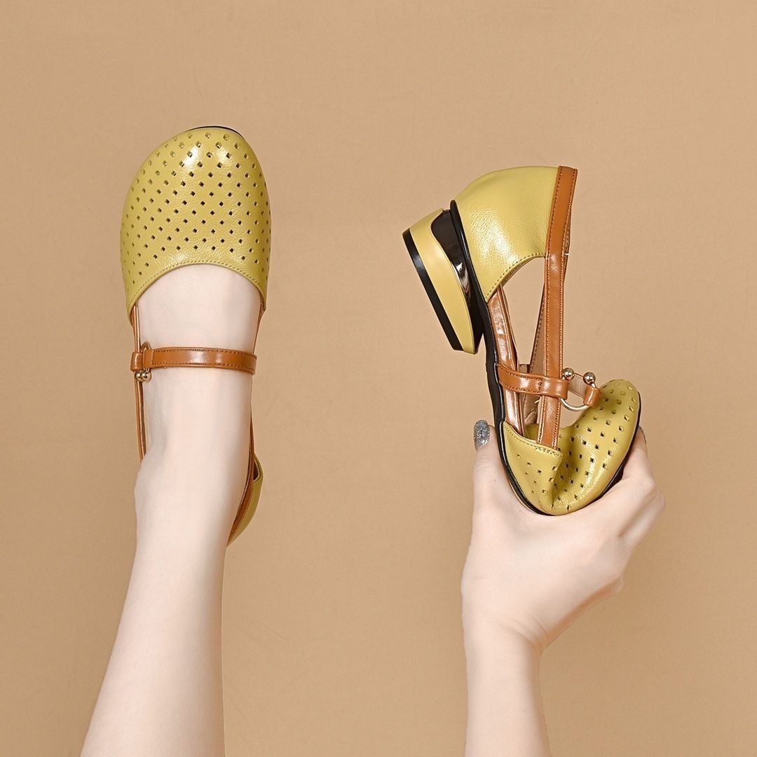 2025 Summer new Korean low-heeled hollow sandals spell color shallow mouth female round head sandals hole shoes