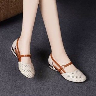 2025 Summer new Korean low-heeled hollow sandals spell color shallow mouth female round head sandals hole shoes